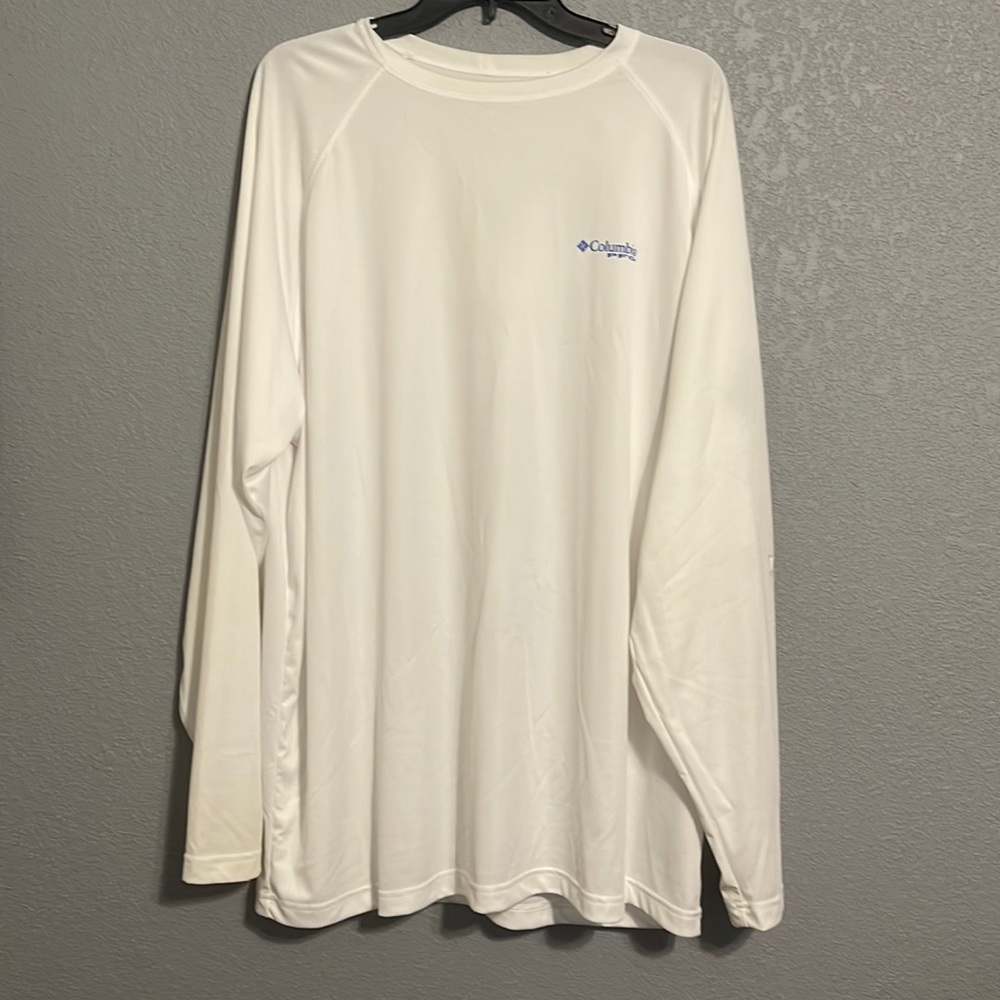 Mens Columbia PFG Long Sleeve Sun Shirt : white/American flag sleeve